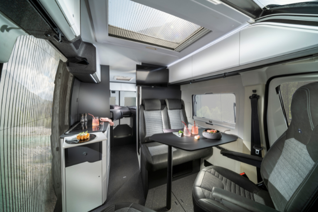 Modern motorhome interior with comfortable living space