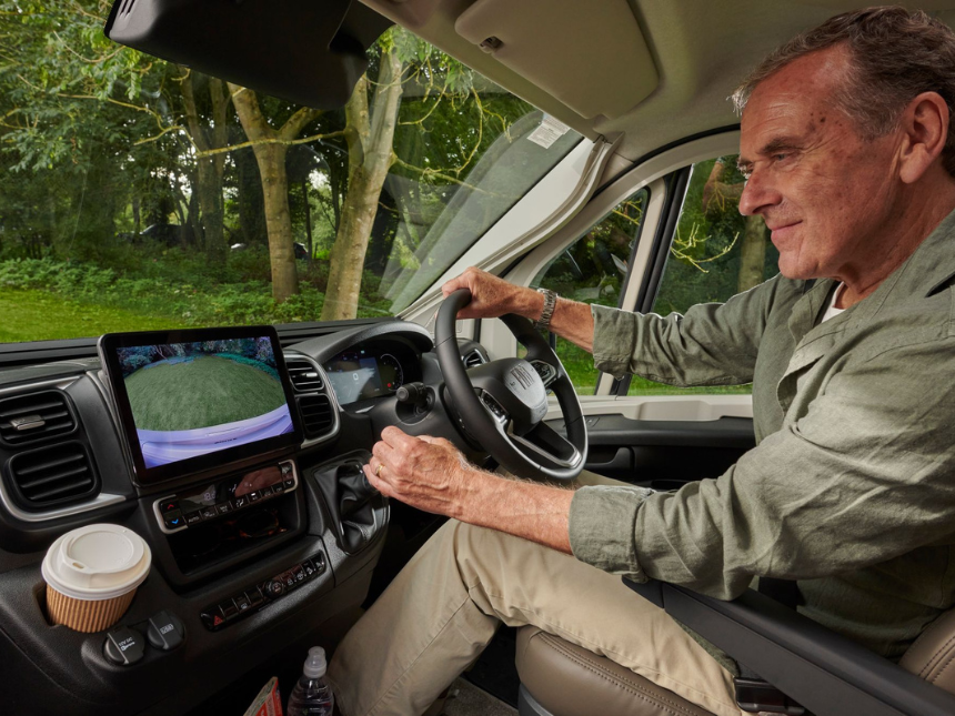 Motorhome dashboard and driving controls, including indicators, lights and wipers