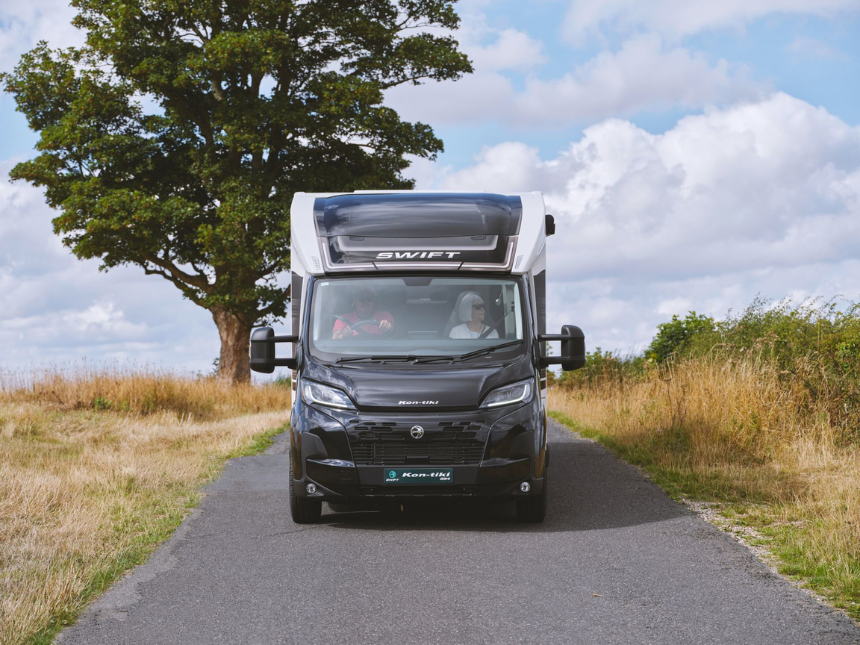 Motorhome showing its overall width and length, illustrating the space needed on narrow roads and when parking